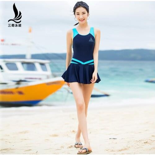 SANQi female swimwear summer one-piece dress-style swimsuit ladies conservative cover belly sexy slimming hot spring swimsuit