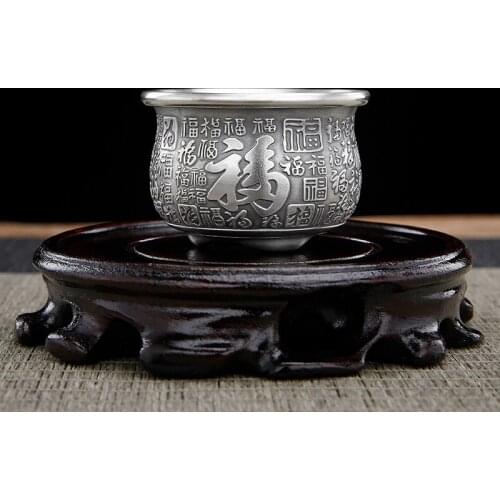 Silver tea cup sterling silver 999 handmade double anti-scalding Chinese Kung Fu tea set master cup silver tea cup
