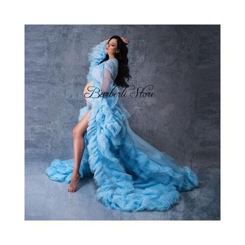 Sexy Puffy Tulle A-line Long Robe For Pregnant Women Sky Blue Ruffles Tiered Maternity Women Dresses To Photo-Shoot Bridal Night