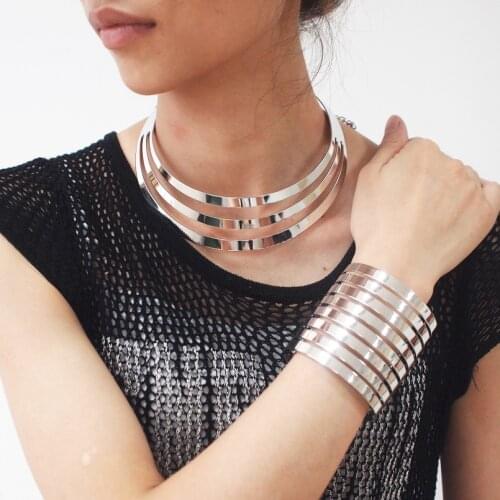 UKMOC Fashion Jewelry Multilayer Alloy Chokers Woman Statement Maxi Necklaces Bracelets Sets Cuff Bangles #4198S
