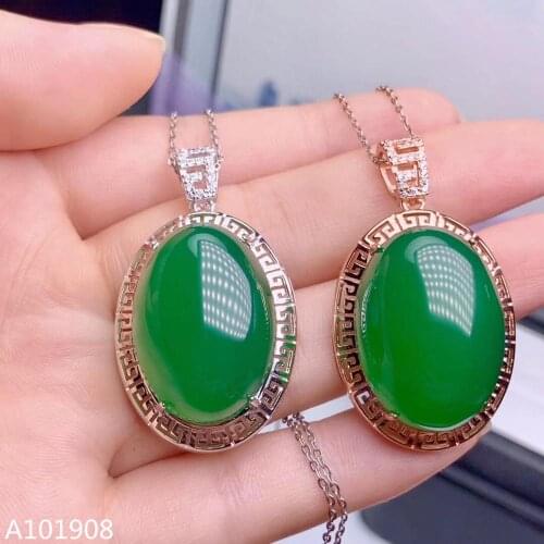 KJJEAXCMY boutique jewelry 925 sterling silver inlaid Natural green chalcedony large pendant necklace support test