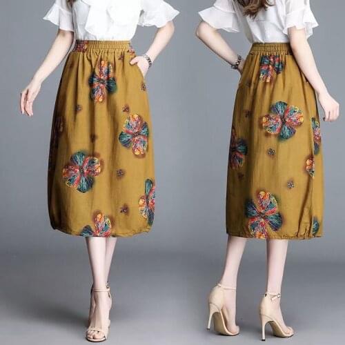 Womens retro floral print cotton lace skirt stretch high waist casual midi skirt
