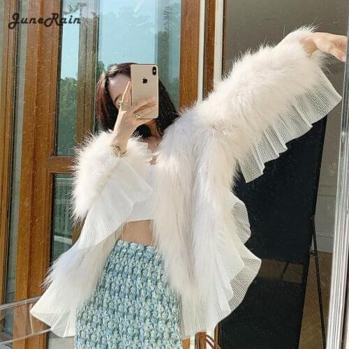 JuneRain Faux Fox Fur Coat Temperament Warmth Imitation Mink Bomber Jacket Cardigan Lace Ruffled Fluffy Long Sleeve Womens Coat