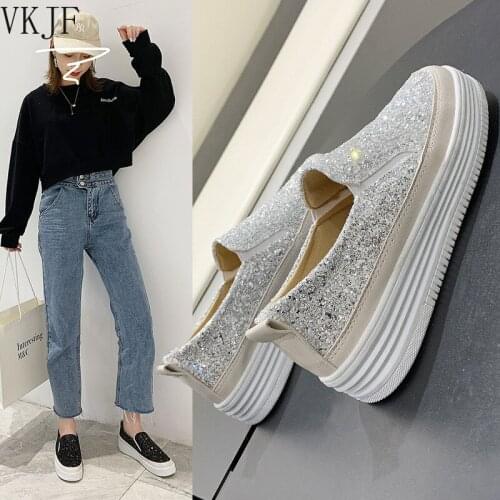 2021 Women Flats Rhinestone Bling Chic Shining Star Sewing Thick Sole Slip on Platform Fashion Casual Sneakers Ladies Shoes
