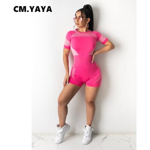 CM.YAYA Women Playsuit Patchwork O-neck Short Sleeve Sheath Elastic Playsuits Female Summer Outfit Casual Tracksuits 2021