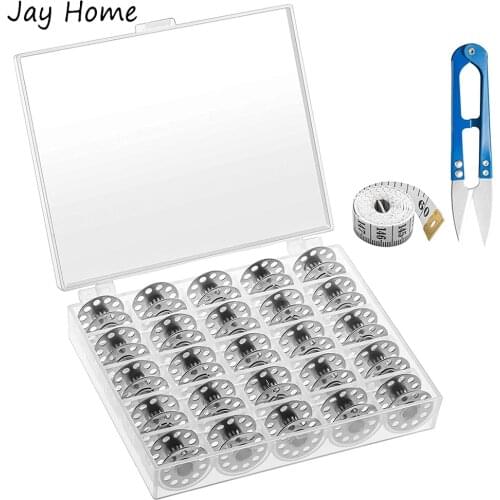 25Pcs Metal Sewing Machine Bobbins with Storage Box 60-Inch Soft Measure Tape Sewing Scissors for Sewing Embroidery Craft Tools