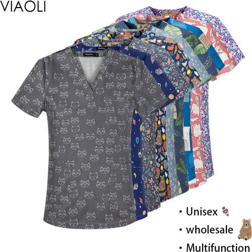 Pure Cotton Cartoon Printing Spa Accessories Beauty Salon Pet Shop Uniform Fashion Slim Top Clothes Female Scrub V-neck Lab Coat