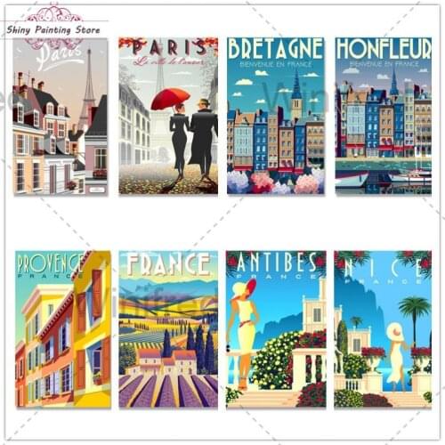 5D DIY Diamond Painting France Travel Scenery Vintage Paris Provence Bretagne Antibes Diamond Mosaic Embroidery Cross Stitch Kit