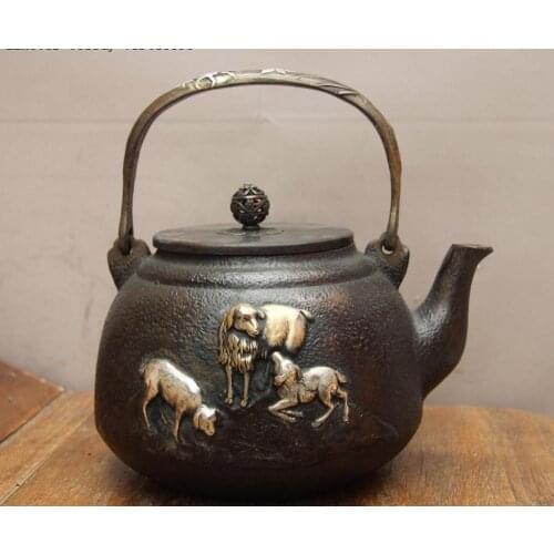 Archaic Jepanese Iron Silver Gilt Three Sheep Goat Water Bottle TeaPot Teakettle