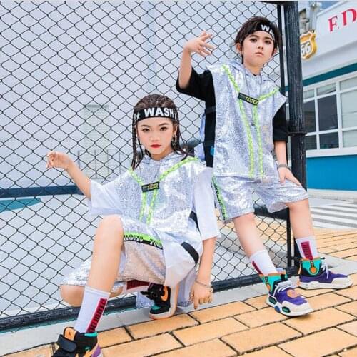 Kids Concert Outfit Hip Hop Clothing Sequined Hoodie Vest Tops Streetwear Shorts T Shirt For Girl Boy Dance Costume Clothes Wear
