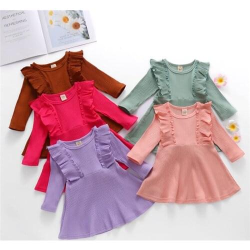 Children Girls' Long Sleeve Dress Fashion Casual Ruffles Round Neck Knitted Dress Solid Color