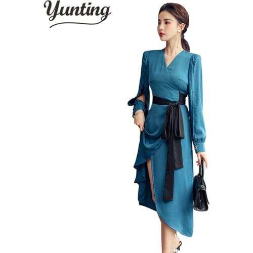 Women V Neck Belted Casual Dress 2021 Spring Long Sleeve Party Dress Vacation Ladies Dresses