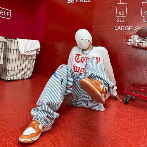 Men women jeans striped denim trousers Harajuku hip hop graffiti splash ink loose high street drape casual straight couple pants