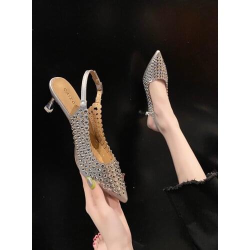 Hot Temperament Pointed Toe Stiletto Sexy Hollow Fashion Buckle High Heel Ladies Sandals Summer New Style