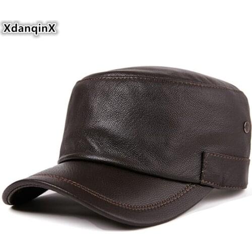 XdanqinX Genuine Leather Hat Mens Flat Cap Sheepskin Leather Fashion Baseball Cap Adjustable Size Autumn Male Bone Snapback Cap