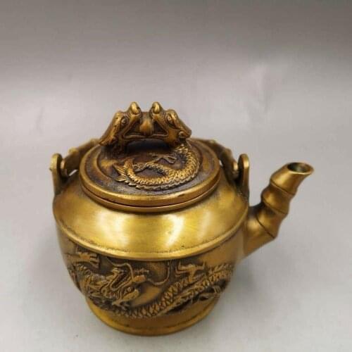 Chinese Antique Old copper hand-made wealth lucky double Dragon teapot flagon