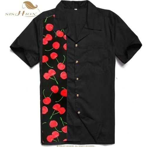 SISHION Vintage Rockabilly Men Shirt ST110 2021 Short Sleeve Cotton Elegant Cherry Print Casual Black Shirt for men