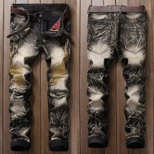 2021 Men’s Ripped Denim Pants,Wings Embroidery Retro Style High Street Jeans,Distressed Casual Jeans,Youth Cool Must