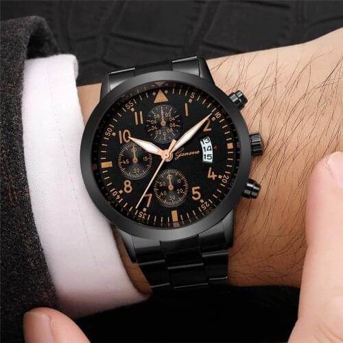 Men Thick Watches Geneva Black Stainless Steel Auto Date Quartz Wristwatches Men Sports Watches Reloj Hombre Horloge Heren 2020