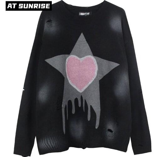 Men Hip Hop Streetwear Harajuku Sweater Couples Retro Hand Painted Heart letter Sweater Knitted Sweater winter Cotton Pullover