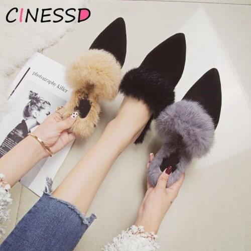 Real Rabbit Fur Slippers Mules Pointed Toe Elegant High heels Shoes Womens Autumn New Furry Slides Flip Flops Office Work Shose