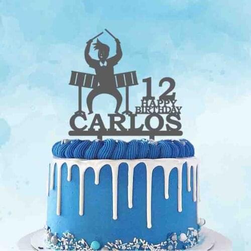 Personalized Drums Cake Topper Happy Birthday Custom Name Age Boy Playing Drums Set For Birthday Party Cake Decoration Topper