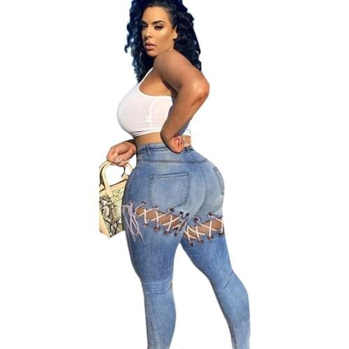 Sexy Women Plus Size Pants Lace Up Skinny Jeans Woman Hollow Out High Waisted Jeans Streetwear Denim Jegging Outfit Dropshipping
