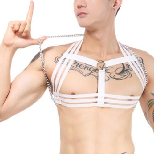 Sexy Men Body Chest Shoulder Elastic Strap with Metal Chain Harness Set Club Bondage Stage Costume Clubwear hombre Lingerie