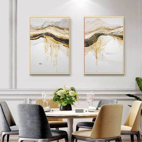 Modern Abstract Gold Mountain Tree Landscape Canvas Painting Boat Fish Posters Print Wall Art Pictures Living Room Home Decor
