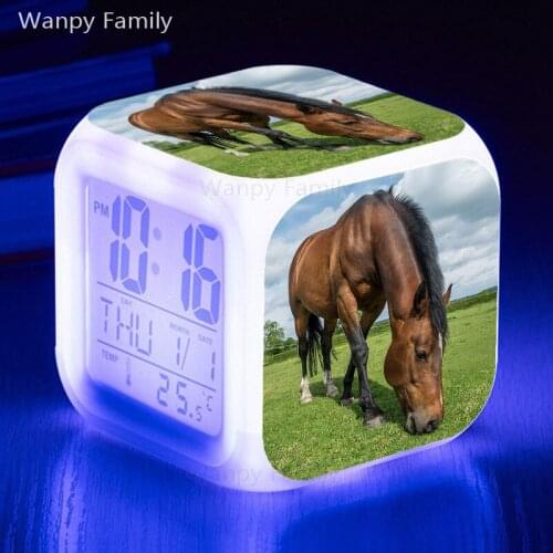 Steppe Horse LED Alarm Clock 7 Color Glowing Big Screen Touch Sensing Alarm Clock Kids Gift Multifunction Digital Flash Clock