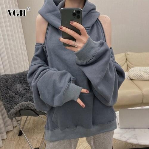 VGH Hollow Out Patchwork Casual Sweatshirt For Women Hoodies Long Sleeve Off Shoulder Loose Black Sweatshirts Female 2020 Fall