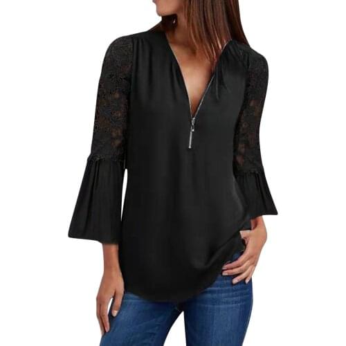 Womens Sexy Zipper Up Blouses Hollow Out Lace Three Quarter Sleeve Blusas Top Autumn Solid Casual V-neck Blouse Soft Streetwear