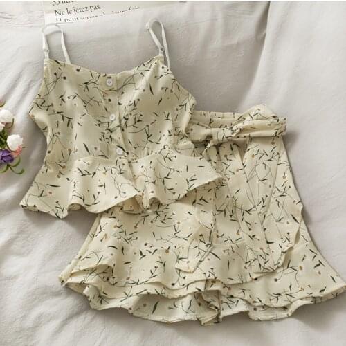 Womens Summer Suit 2021 New Floral Short Ruffled Button Sling Top Bow Tie Casual Wide-leg Short Skirt Suit Skirt