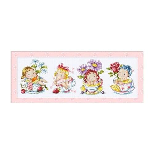 Gold Collection Lovely Counted Cross Stitch Kit Tea Cup Girls Four Little Girl and Teacup SO
