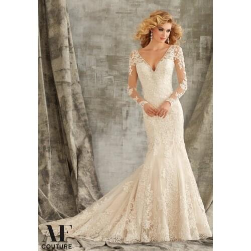 2015 Sexy Mermaid V-neck Long Sleeve Lace Wedding Dresses Bridal Dresses Custom Made NB2