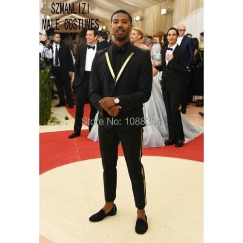 2018 Elegant Brand Fashion Desigs Groom Tuxedos Groomsmen Slim Fit Black Gold Lapel Custom Made Formal Best Man Men Wedding Suit