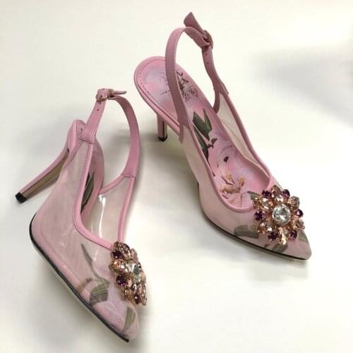 2019 brand new high quality pointed toe high heeled pumps shoes Chic womens rhinestone floral print high heels sadnals BY735