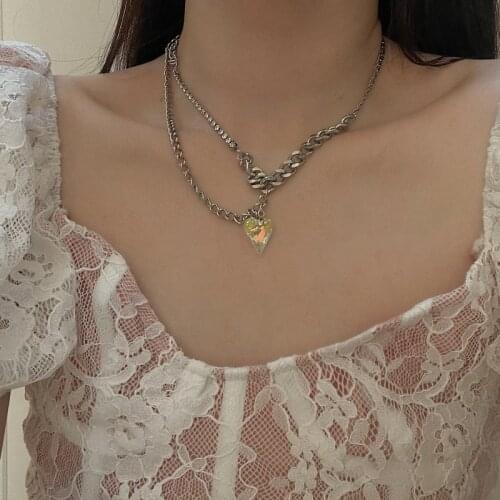 2021 Colorful Peach Heart Crystal Pendant Necklace Tassel Rhinestone Chain Clavicle Punk Style Choker Wedding Jewelry Gift