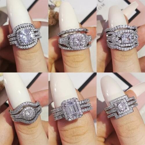 2021 new design Luxury 3 pcs 3 in 1 925 sterling Silver Ring cushion Engagement Wedding Ring set for Women bridal jewelry R4308