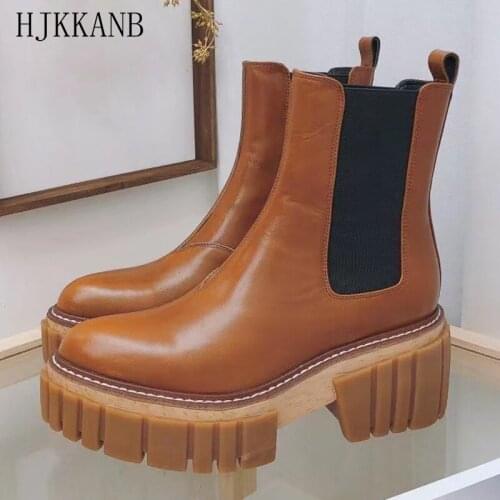 Thick Bottom Martin Boots Women Genuine Leather Slip-on Ankle Boots Female Concise Style Round Toe Platform Short Boots Autumn