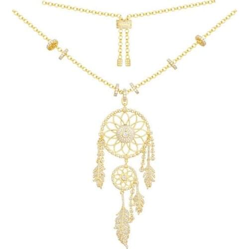 SLJELY Real 925 Sterling Silver Gold Color Dream Catcher Necklace Cubic Zirconia Stones Leaves Feather for Women Luxury Jewelry