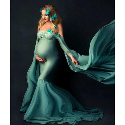 Elastic Cotton Maternity Chiffon Dress For Photography Maternity Photography Outfit Maxi Gown Pregnancy Women Lace Chiffon Dress