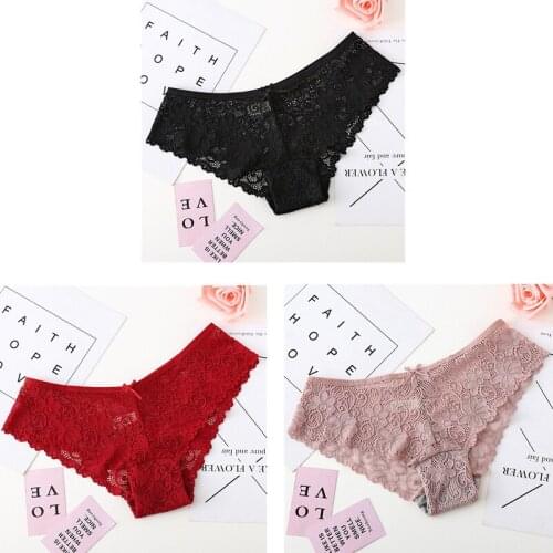 3 Pieces Lace Underwear Sexy Womens Briefs Hollow Out Pure Cotton Bottom Crotch Lingerie