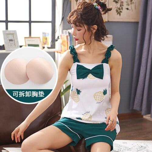 Pure cotton with breast pad suspender two-piece set of Korean student shorts thin sweet beauty home clothes pajamas
