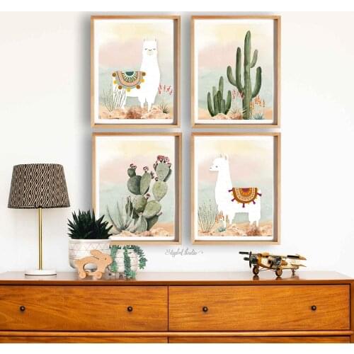 Llama and Cactus Nursery Poster Abstract Desert Canvas Painting Boy Gift Wall Art Print Picture For Kids Room Boho Nursery Decor