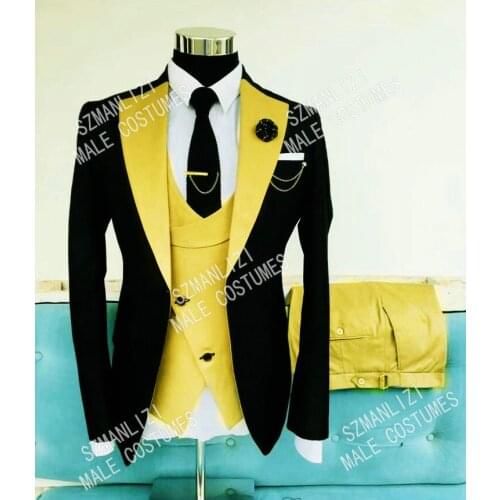 2021 Latest Design Classic Black Yellow Formal Wedding Suit For Men Dress Slim Fit Groom Party Tuxedo 3 Piece Best Man Blazer