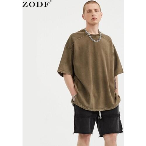 ZODF New Summer Men 260gsm Cotton Tees T Shirt Loose Washed Retro Side Slit High Street Basic T-Shirts Brand Vintage HY0255