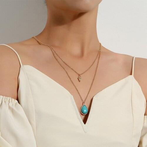Bohemian Natural Stone Water Drop Pendant Necklace Charming Double Layer Gold Long Chain Accessories Fashion Womens Jewelry