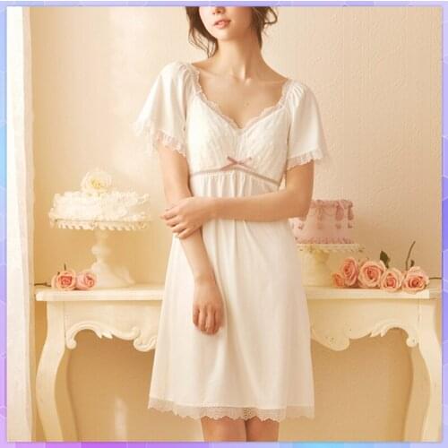 Sexy Nightdress Women Nightie Palace Nightgown Female Summer Lingerie Short-Sleeved Lace Cute Sweet Sleepwear With Chest Pad