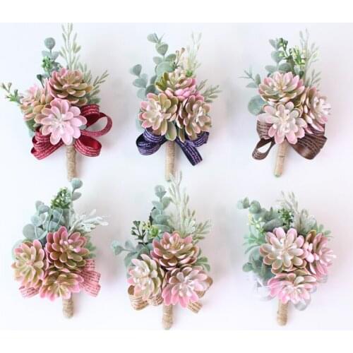 YO CHO Plastic Succulent Boutonniere Wedding Wrist Corsage Artificial Plant Mens Boutonniere Pink Corsage Prom Party Accessories